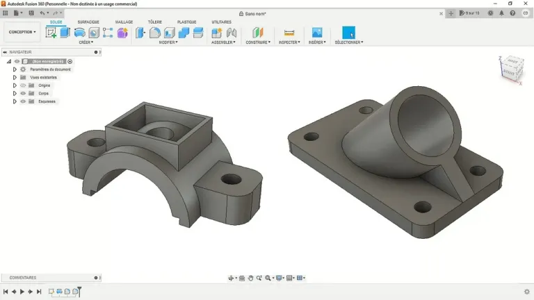 Deux pièces techniques modélisées en 3D dans le logiciel Fusion 360